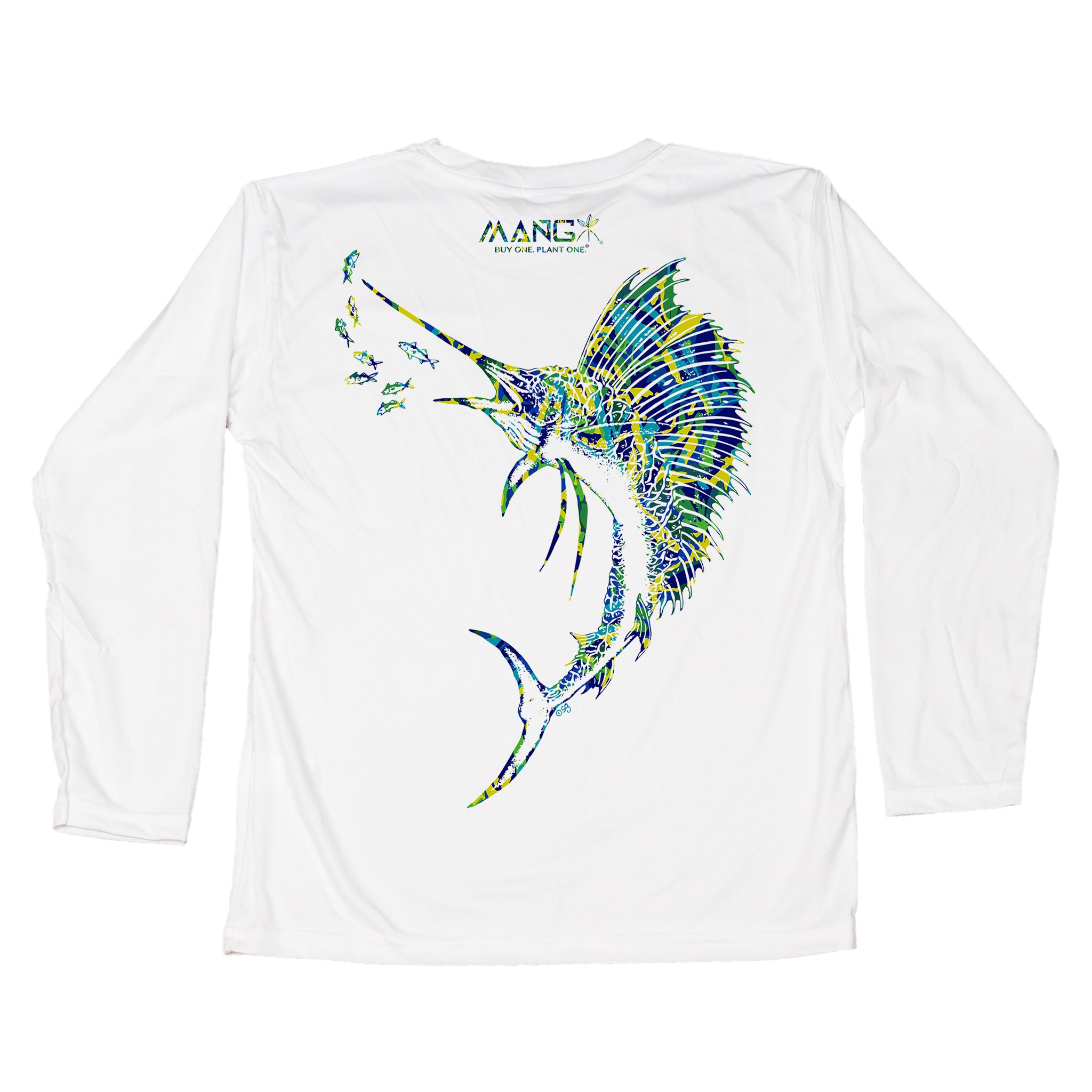MANG Sailfish Blue Crush Mens's Long Sleeve Fishing Performance Shirt, Size S in White, Odor Resistant, Quick Dry, 100% Polyester